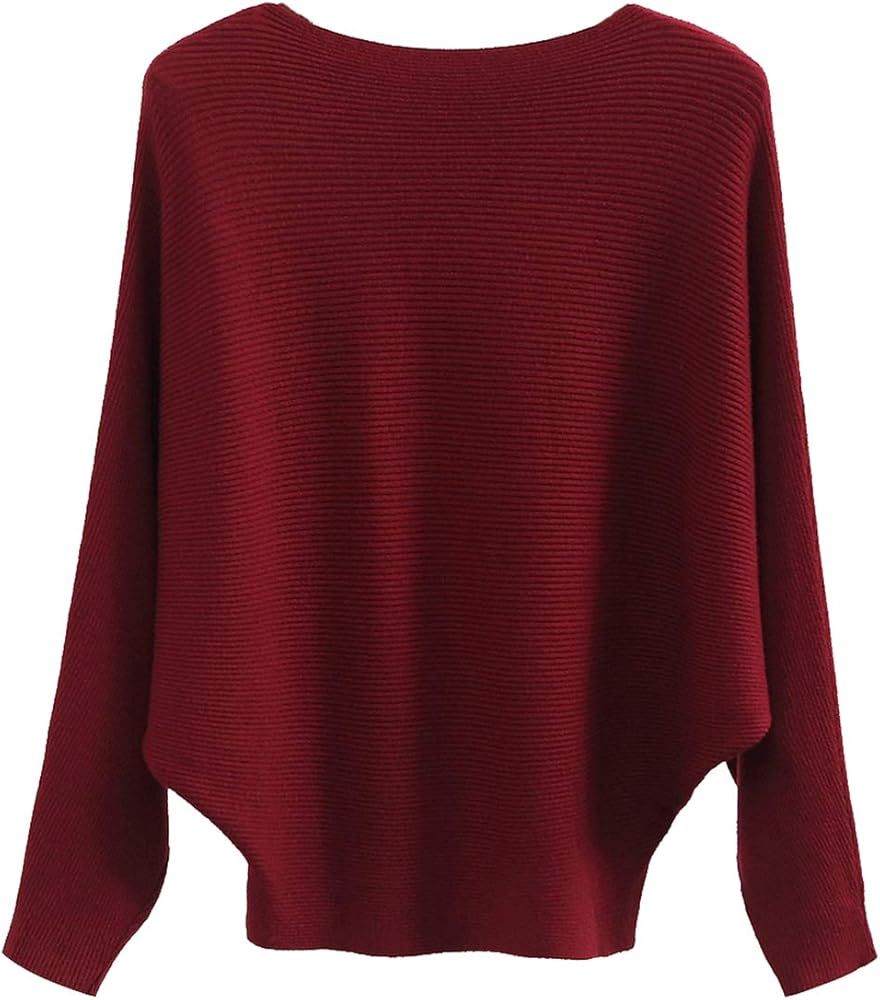 Boat Neck Batwing Sleeves Dolman Knitted Sweaters and Pullovers Tops for Women | Amazon (US)