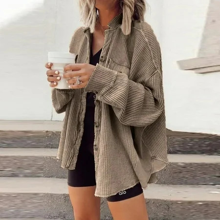 Womens Waffle Knit Shacket Jackets Boyfriend Button Down Jacket Loose Fit Solid Color Long Sleeve Tops Coat Outwears | Walmart (US)