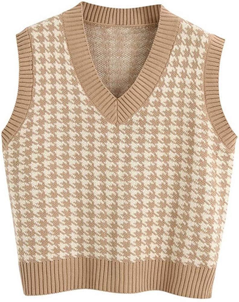 Jlihang Women Houndstooth Knitted Sweater Vest V Neck Casual Loose Oversized Vintage Pullover Tops ( | Amazon (US)