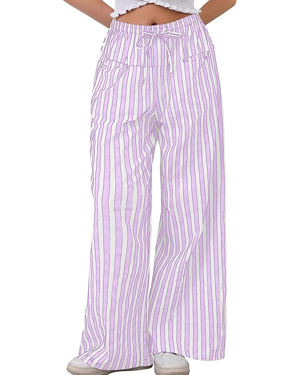 MISSACTIVER Women Drawstring Striped Pants Loose Wide Leg Trousers Casual Low Waist Pants Comfy L... | Amazon (US)