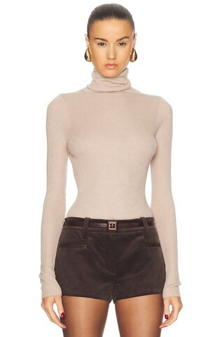 Enza Costa Silk Rib Turtleneck Top in Nude | FWRD 