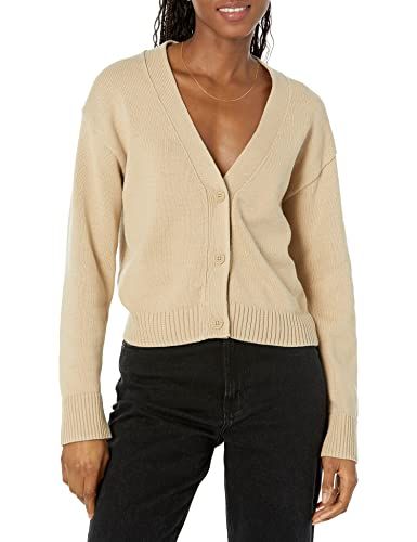 Amazon Essentials Women's Relaxed Fit V-Neck Cropped Cardigan, Tan, X-Large | Amazon (US)