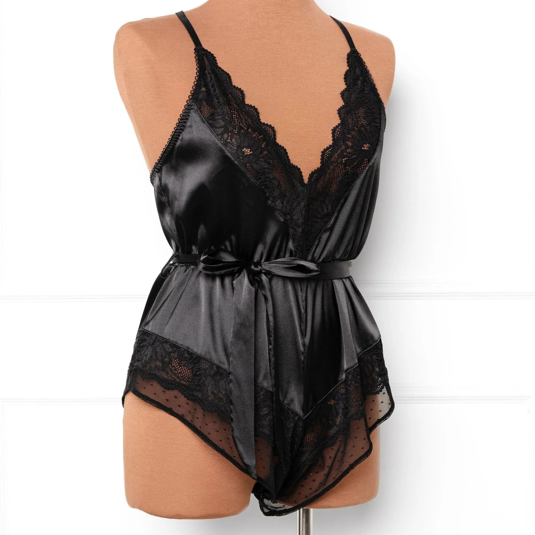 Lacy Satin Bow Romper - Black | Mentionables