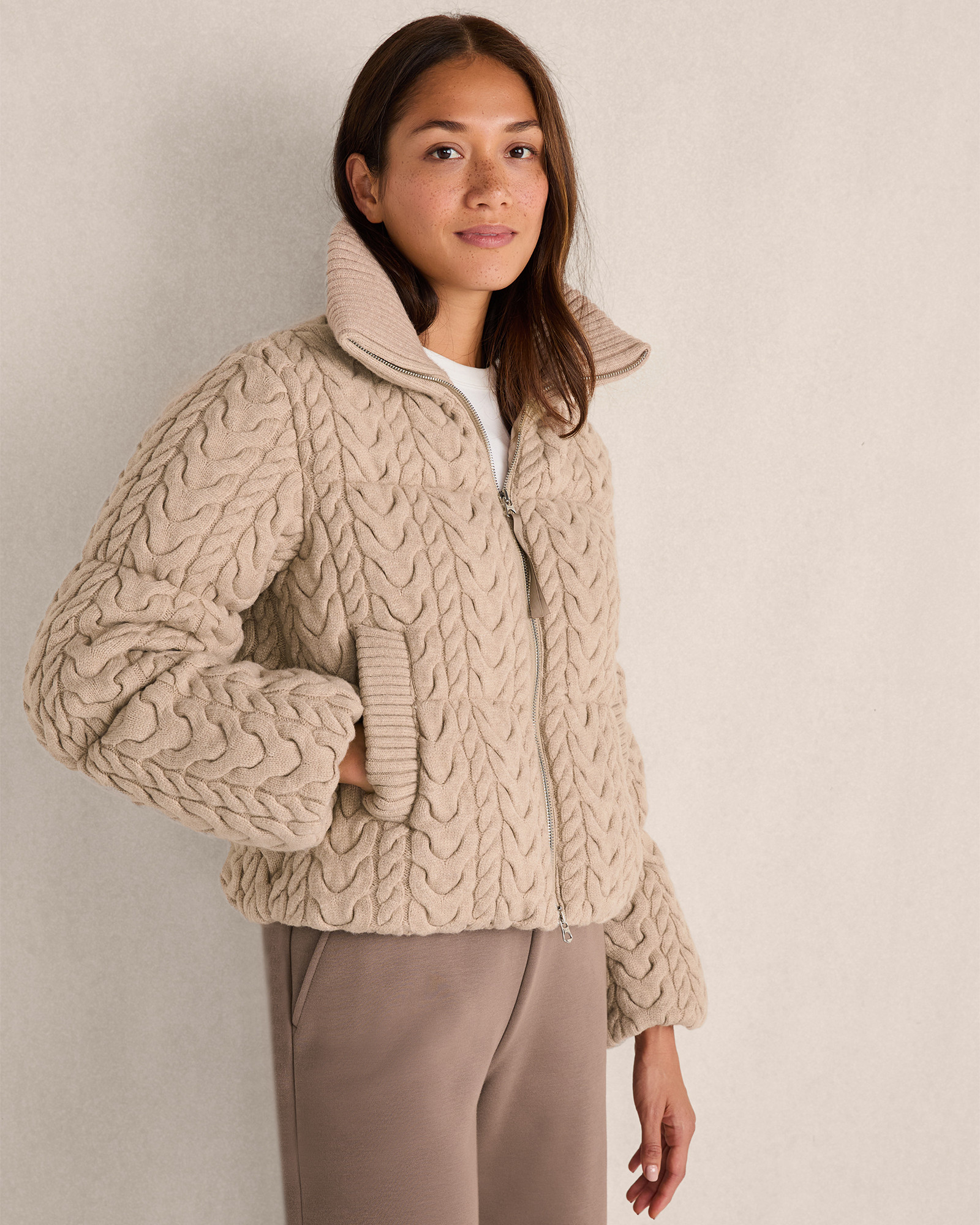 Varley Reggie Cable Knit Puffer Jacket - Light Taupe - Medium | Haven Well Within