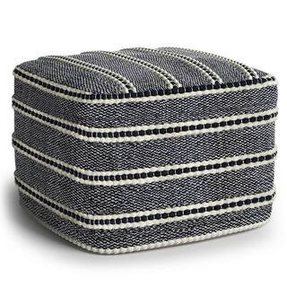 Corrie Boho Square Woven Outdoor/ Indoor Pouf in Navy and White Recycled PET Polyester | The Home Depot