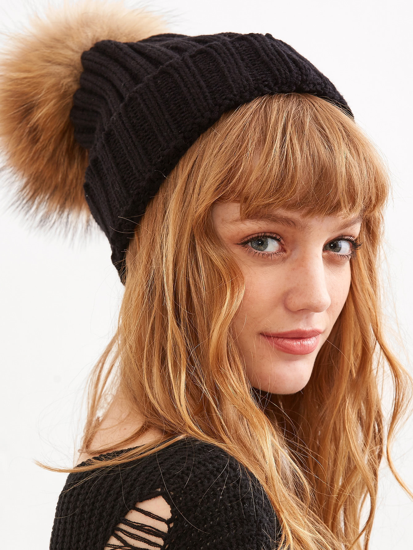Black Detachable Fur Pom Ribbed Knit Beanie | SHEIN