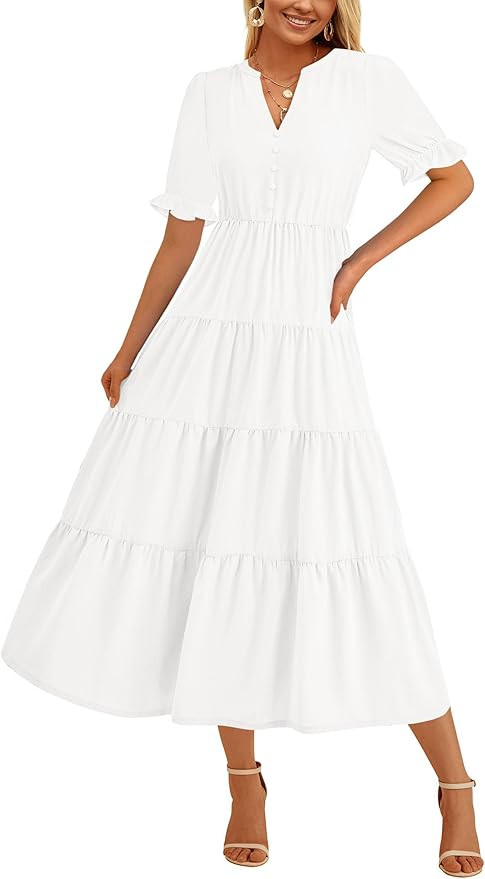 PRETTYGARDEN Women's Casual Summer Midi Dress 2025 Spring Short Sleeve V Neck Tiered Flowy Beach ... | Amazon (US)