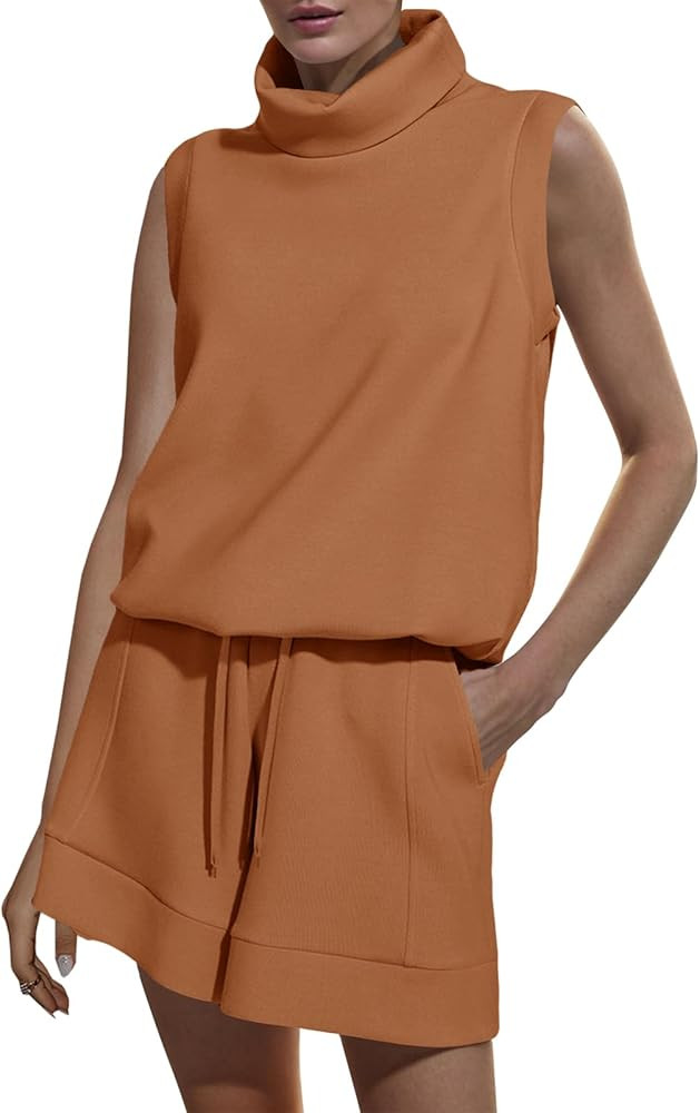 Eurivicy Women's 2 Piece Outfits Shorts Sets Sleeveless High Neck Tank and Drawstring Shorts with... | Amazon (US)