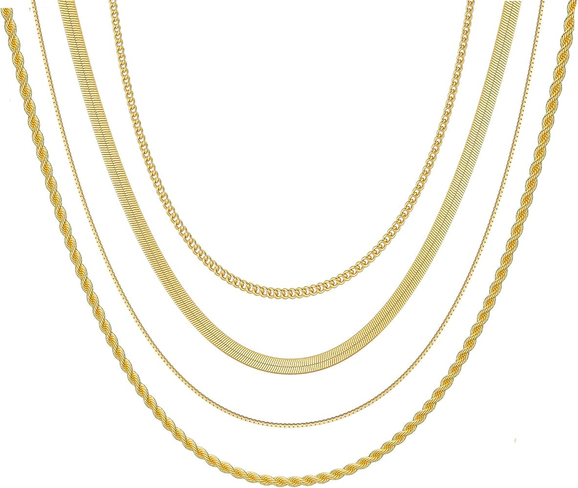 Tewiky Layered Necklaces for Women Non Tarnish- Chunky 14k Gold Plated Herringbone/Snake/Rope/Box... | Amazon (US)