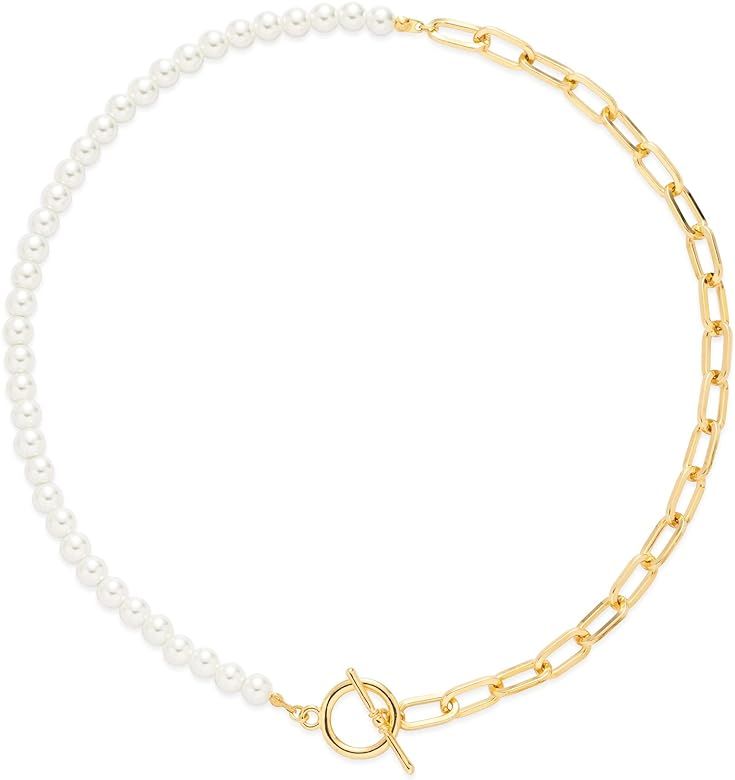 Amazon.com: Paper Clip Pearl Necklace 18K Gold Pearl Link Chain Vintage Pearl Choker for Women OT... | Amazon (US)