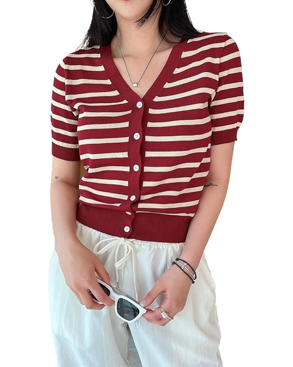 Womens Open Front Cardigan Button Front Short Sleeve V Neck Striped Button Through Cardigan Sweat... | Amazon (US)