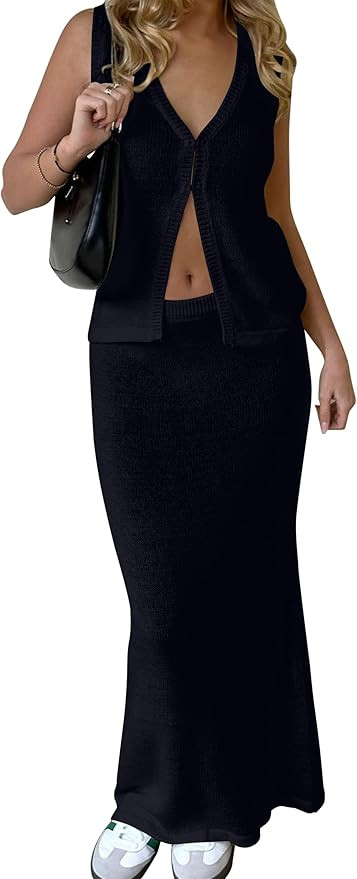 MISSACTIVER Women Two Piece Summer Knitted Outfits Sleeveless V-neck Tank Tops Elastic Waist Slim... | Amazon (US)