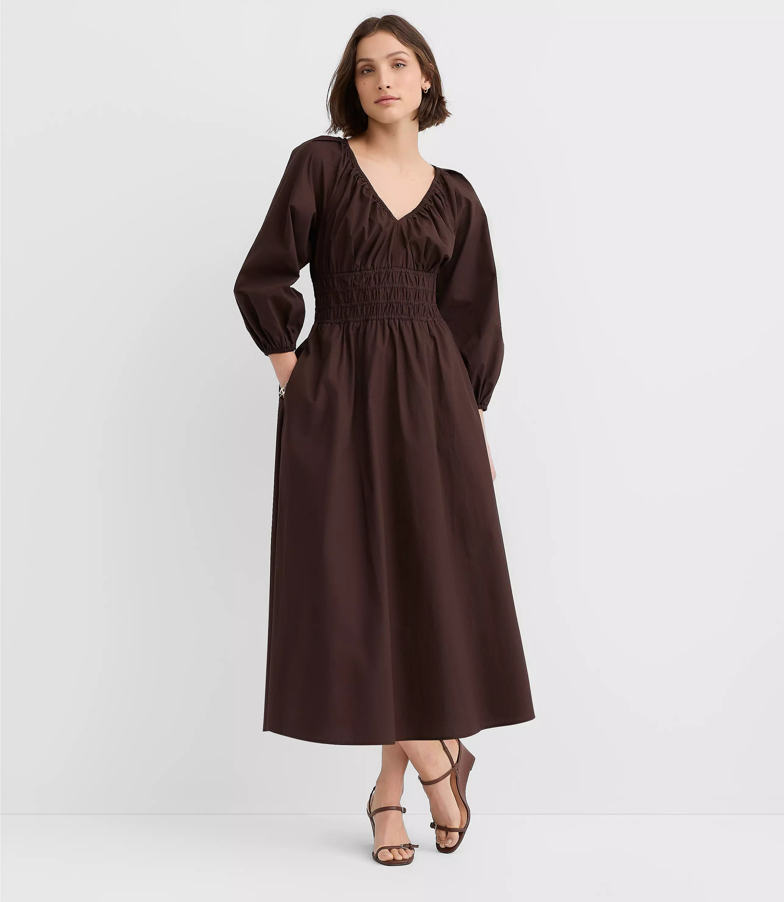 Poplin Smocked Midi Pocket Dress | LOFT