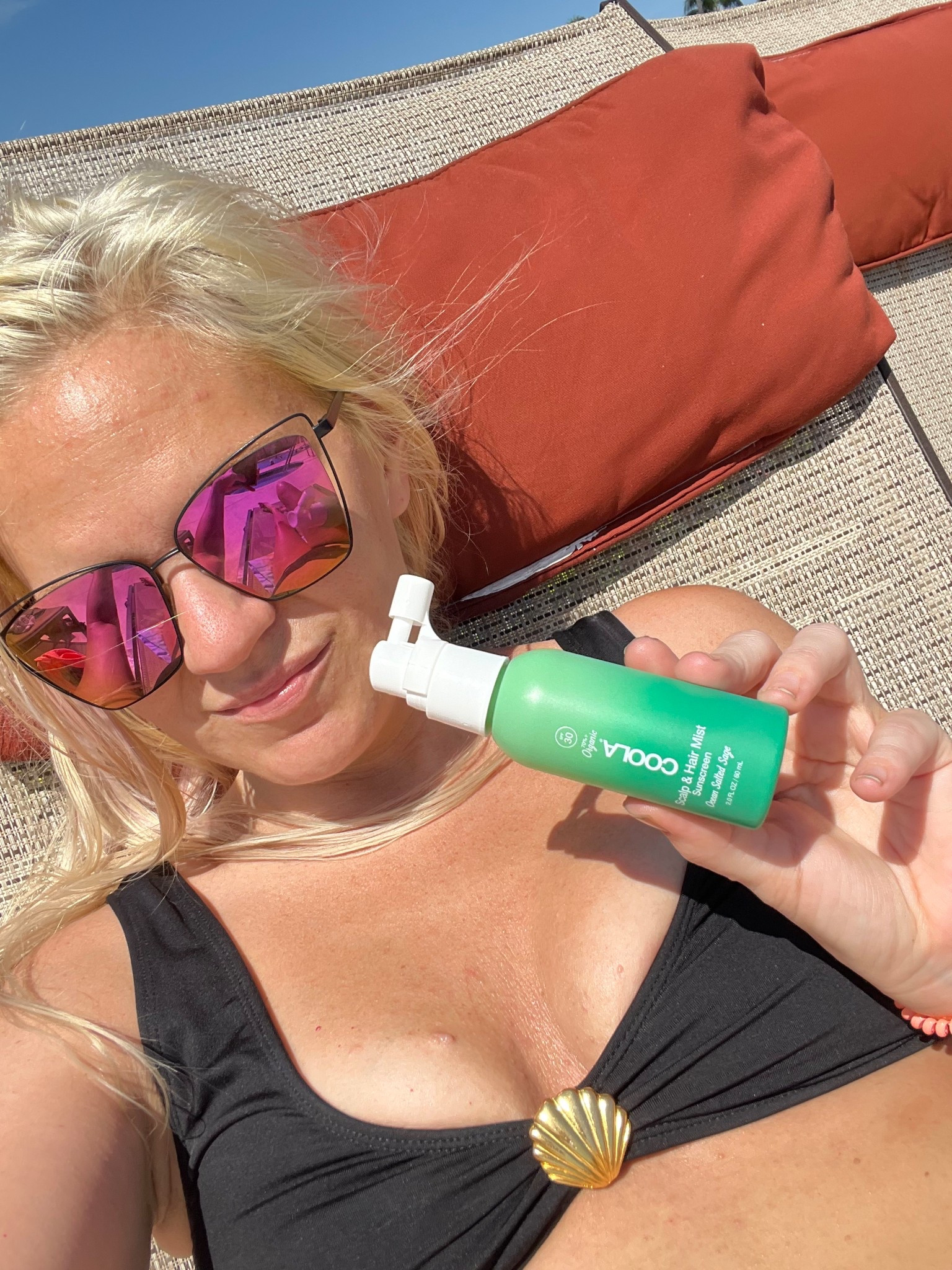 Calling all blondes! Sick of your head getting burnt? I got you! Coola head sunscreen it works with out making your hair feel gross!  Simply the best. Oh and my swim suit is ON SALEE🤭🫶🏻
#sunscreen #spf #blonde #vacation #summer #floridalife #coola #sun #vacay #vacationneeds #saltymermaidswim #swimsuits #swimwear #ltkswim #ltkstyle 
#skylertop 

#LTKSaleAlert #LTKBeauty #LTKSeasonal