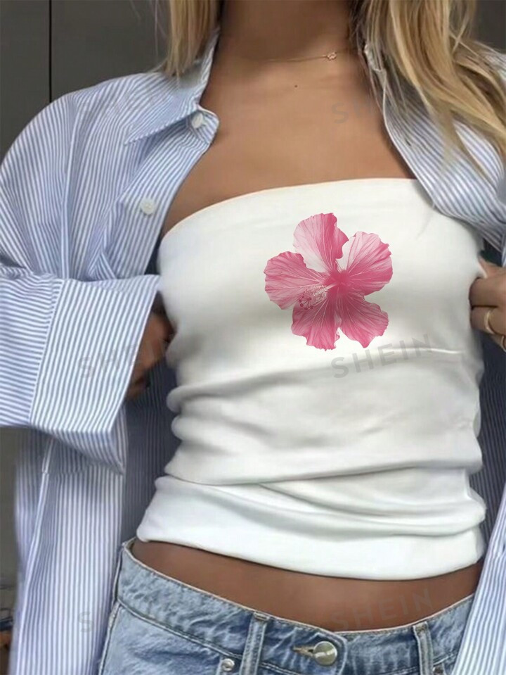 SHEIN EZwear Ladies Pink Floral White Casual Sexy Tube Top, Suitable For Summer | SHEIN USA | SHEIN