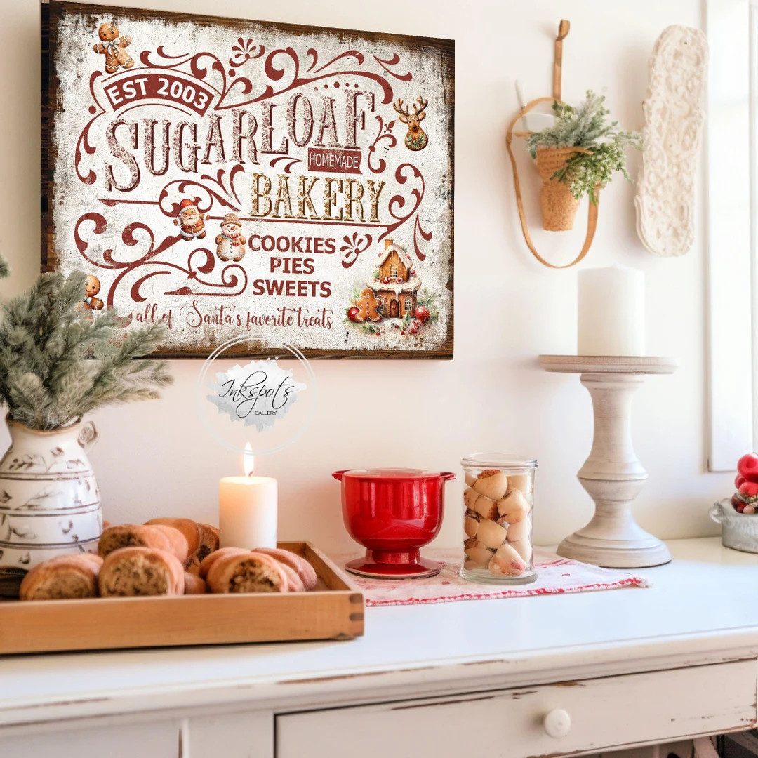 Gingerbread Sign Vintage Bakery Decor Rustic Christmas Canvas Santa Snowman Wall Décor Modern Fa... | Etsy (US)