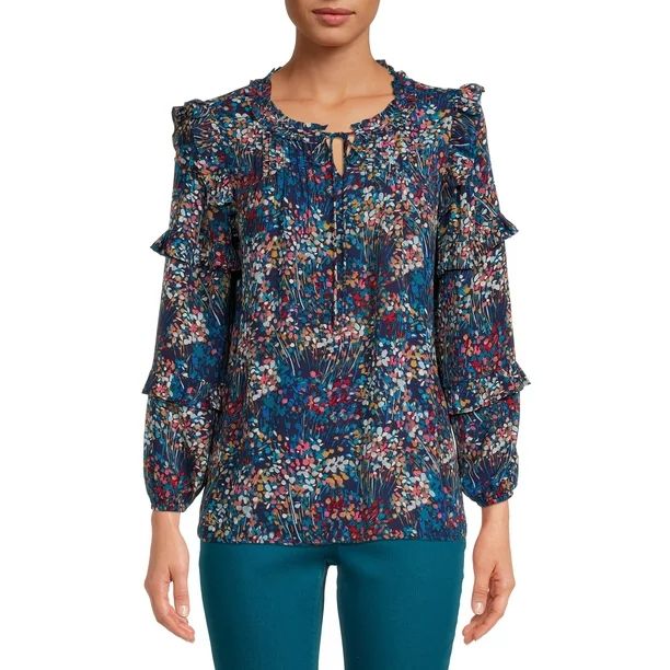 The Pioneer Woman Ruffle Pintuck Blouse with Long Sleeves, Women's | Walmart (US)