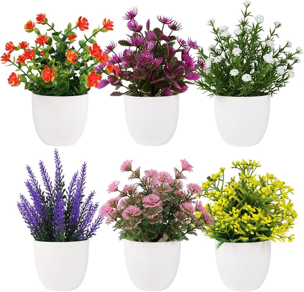 Amazon.com: Yoratee Artificial Small Plant 6pcs Fake Flower Potted Plant Bathroom for Indoor Deco... | Amazon (US)
