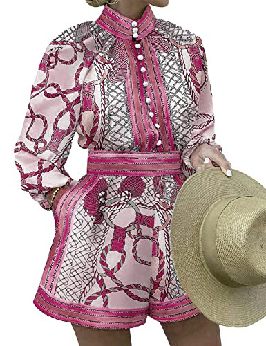 Gihuo Womens Boho Print Long Sleeve Top High Waist Shorts Sets 2 Piece Outfits Tropical Romper Su... | Amazon (US)