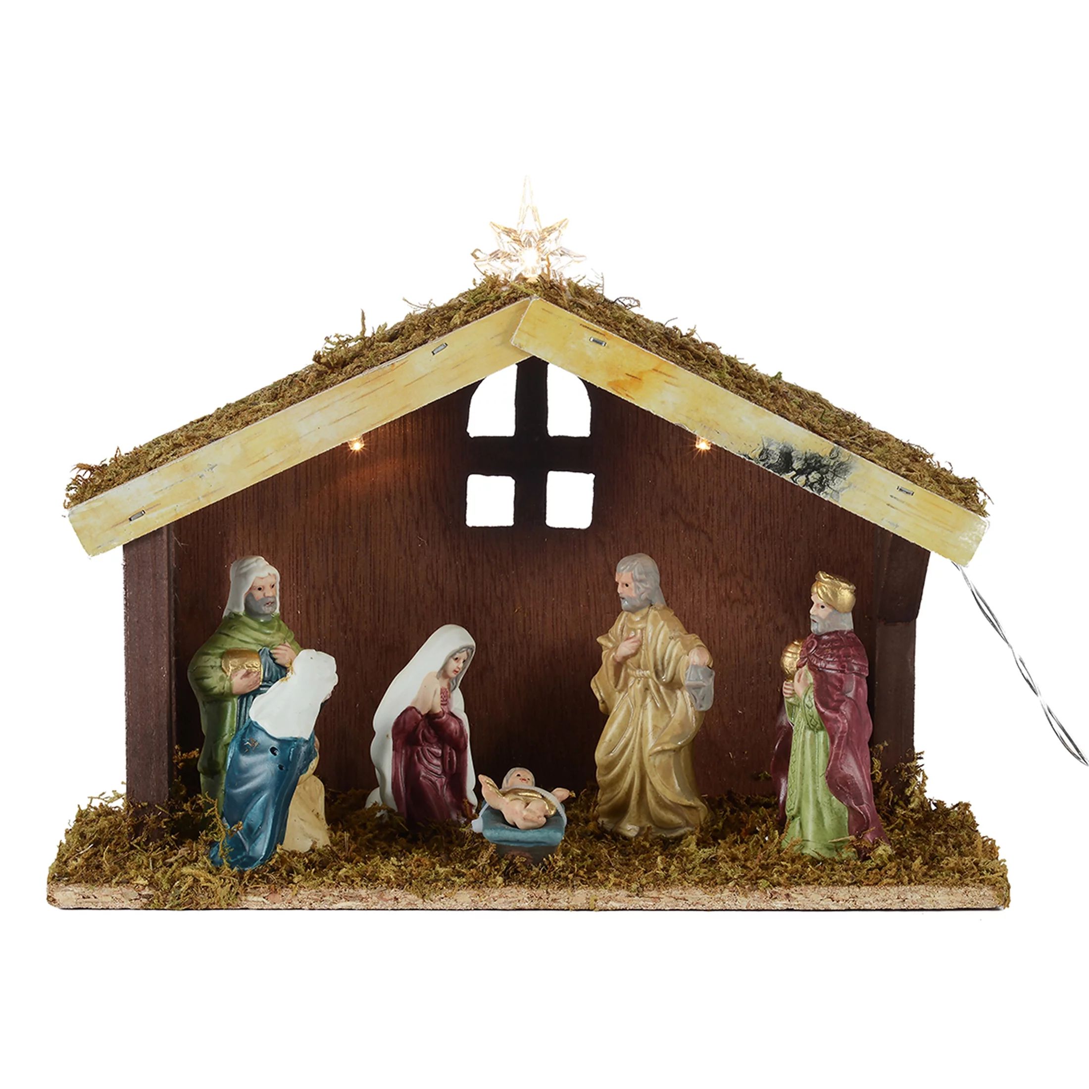 Holiday Time 8-Piece Battery Operated Porcelain Nativity Scene with Lighted Wooden Stable with 3 ... | Walmart (US)
