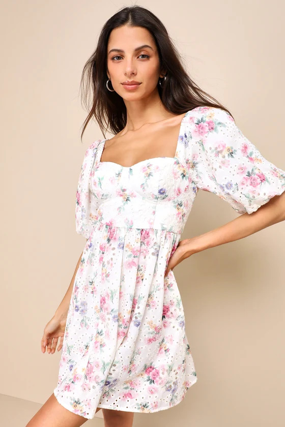 Majorly Adorable Ivory Floral Eyelet Embroidered Mini Dress | Lulus