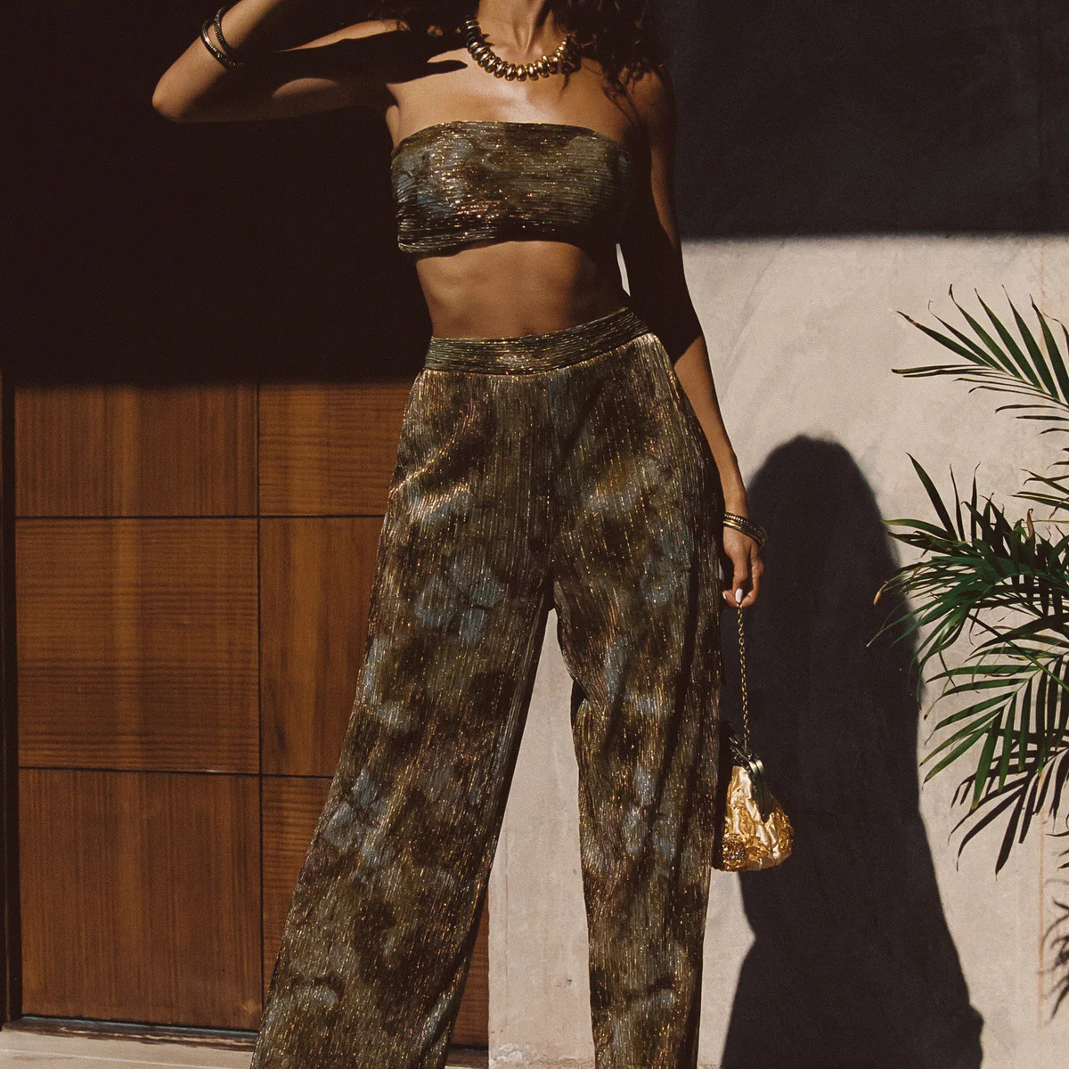 Kaia Moss Metallic Floral Pants | 12th Tribe
