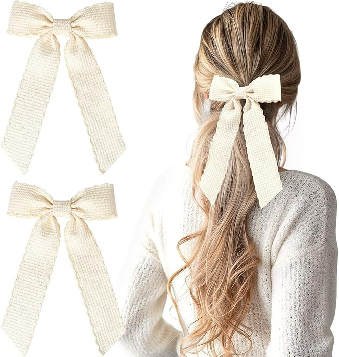 VOBOBE 2PCS Hair Bows for Women Girls, Beige Hair Ribbon Bowknot French Hair Clips Barrettes Wavy... | Amazon (US)