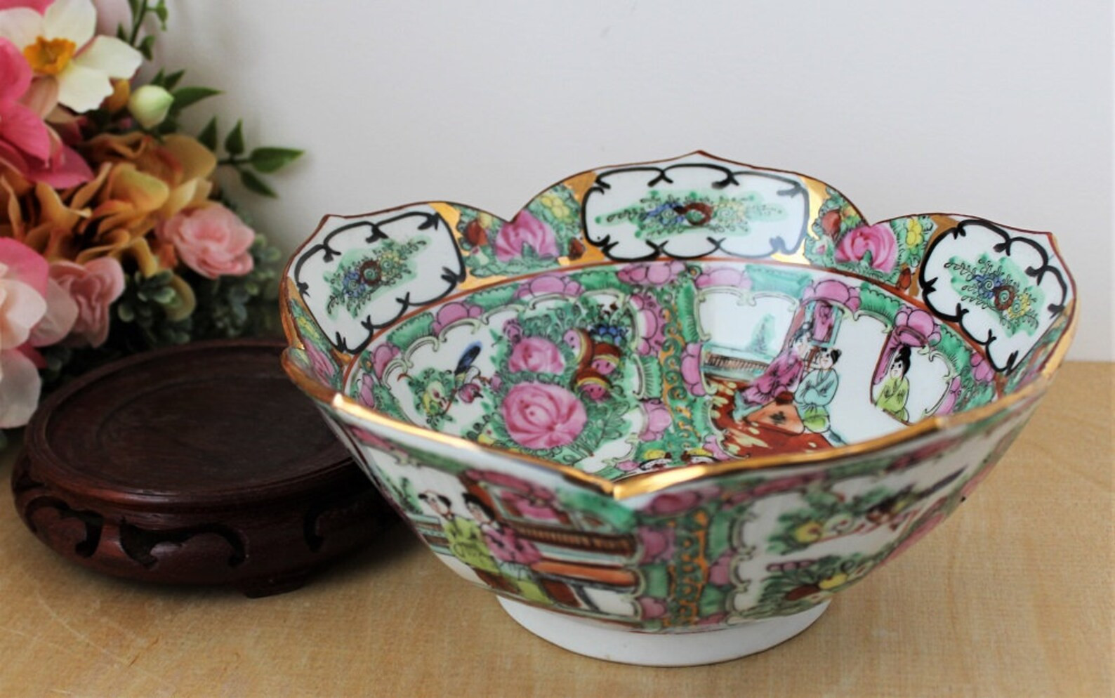 Large Vintage Chinese Rose Medallion Bowl & Stand 9 Wide - Etsy | Etsy (US)