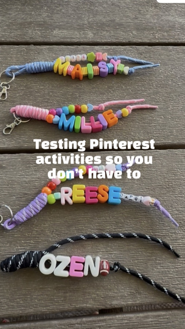 Do I think these are cute? DUH.

Do I think the price gets criminal really quick? 100%

What adds up the most are the chunky letters beads! I have 4 kids and needed to be able to repeat letters to spell all their names & well, that required buying multiple packs of things. 

I also have tons of beads for bracelet making, but none of them had holes big enough to fit the rip cords, which required buying some more.

I think you can cut costs by just doing just letter beads & pony beads. You could also invite some friends to do it with you & split the costs! 

I will say though, from a chaos standpoint, it was low mess & kept my kids happy. My 2 & 4 year old string beads for a while. 

I’m going to use my leftover beads to have my girls make a keychain for any upcoming friend birthdays

Comment “PONY” (in honor of pony Beads)you want to see some of the materials I used!

*if you don’t want to put names, you can easily do a fun word or an activity your kids liked “soccer”, “dance”, “football”, etc. You could also make them for YOUR keychain! It would be kind of fun!