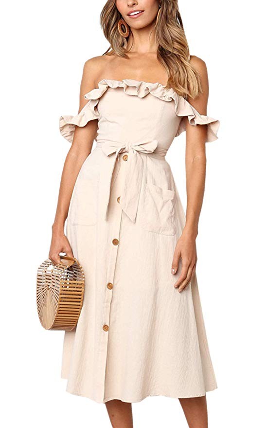 Angashion Women's Sleeveless Off Shoulder Ruffles Midi Long Dress Floral Print Tie Waist Maxi Dre... | Amazon (US)