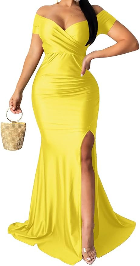 A ADILACA Women's Off Shoulder High Split Long Formal Party Maxi Dress, Off Shoulder High Split D... | Amazon (US)