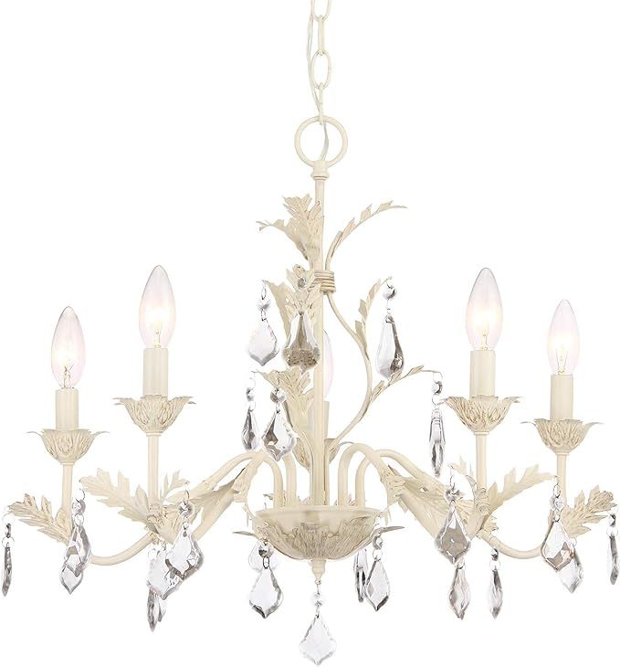 Kira Home Astoria 21" French Country | Shabby Chic 5-Light Chandelier, Leaf Design + Hanging Crys... | Amazon (US)