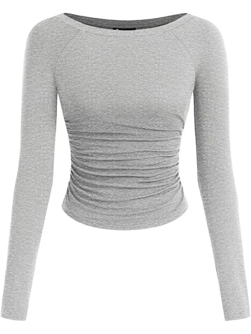 PRETTYGARDEN Long Sleeve Shirts for Women Fall Ruched Sides Boat Neck Basic Tee Casual Fitted Rib... | Walmart (US)