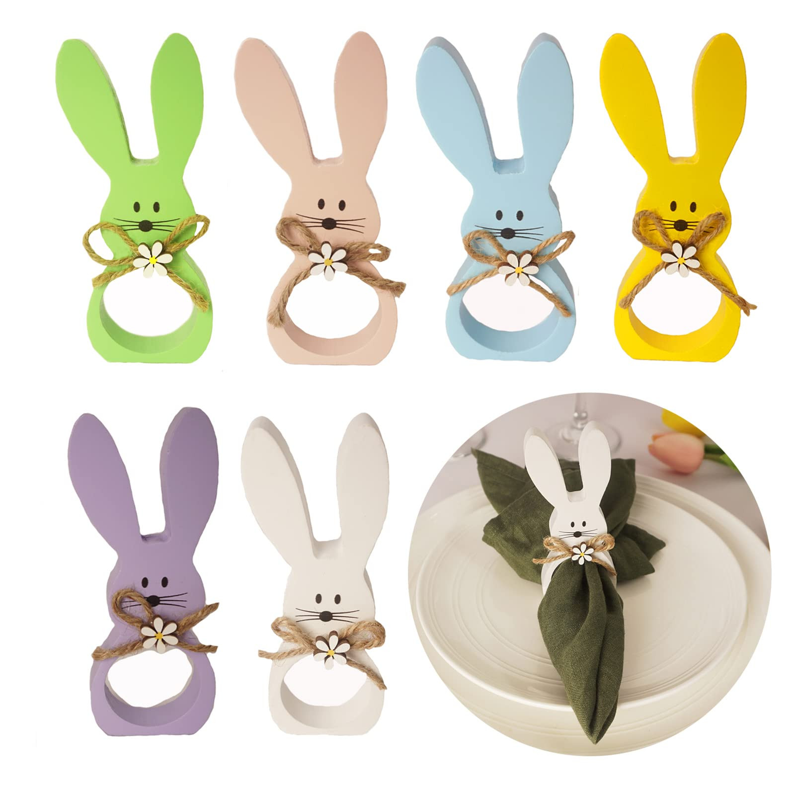 Easter Napkin Rings Set of 6, Wood Bunny Napkin Rings Rabbit Napkin Ring Holders for Easter, Spri... | Amazon (US)
