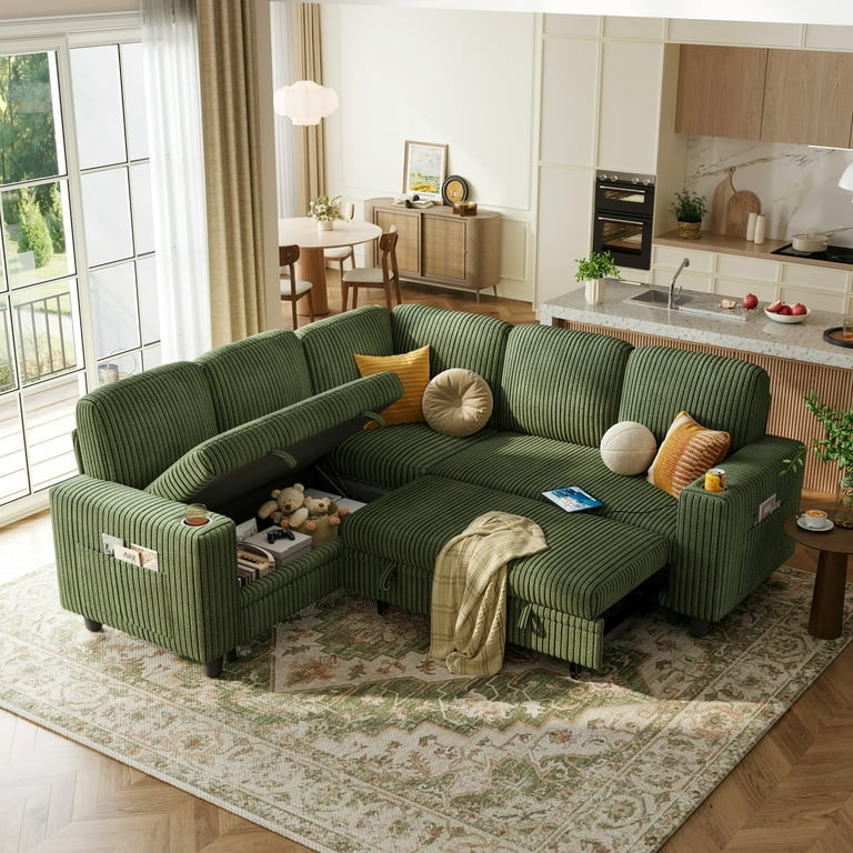 Linsy Home Plush Corduroy Sleeper Sofa Bed with Storage Seat, Pull Out Couch Bed with USB, Cup Ho... | Walmart (US)