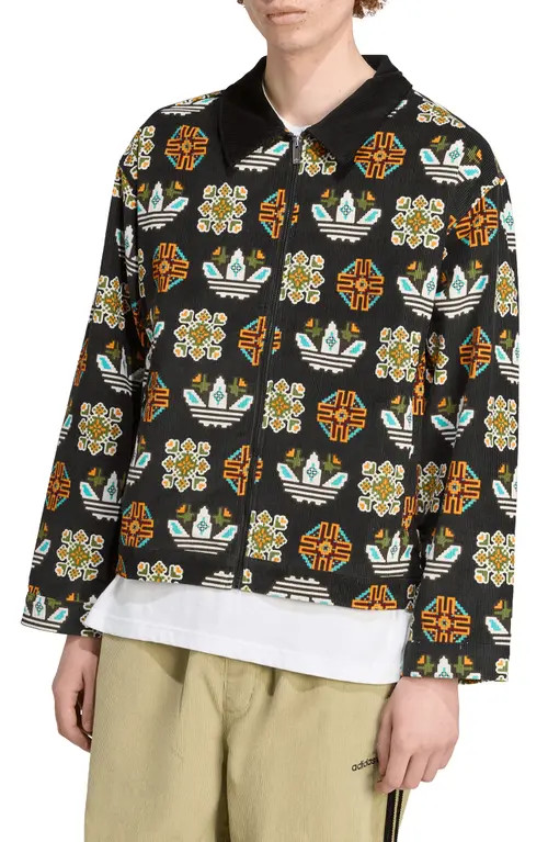 adidas Monogram Print Relaxed Fit Corduroy Coach Jacket in Black at Nordstrom, Size Large R | Nordstrom