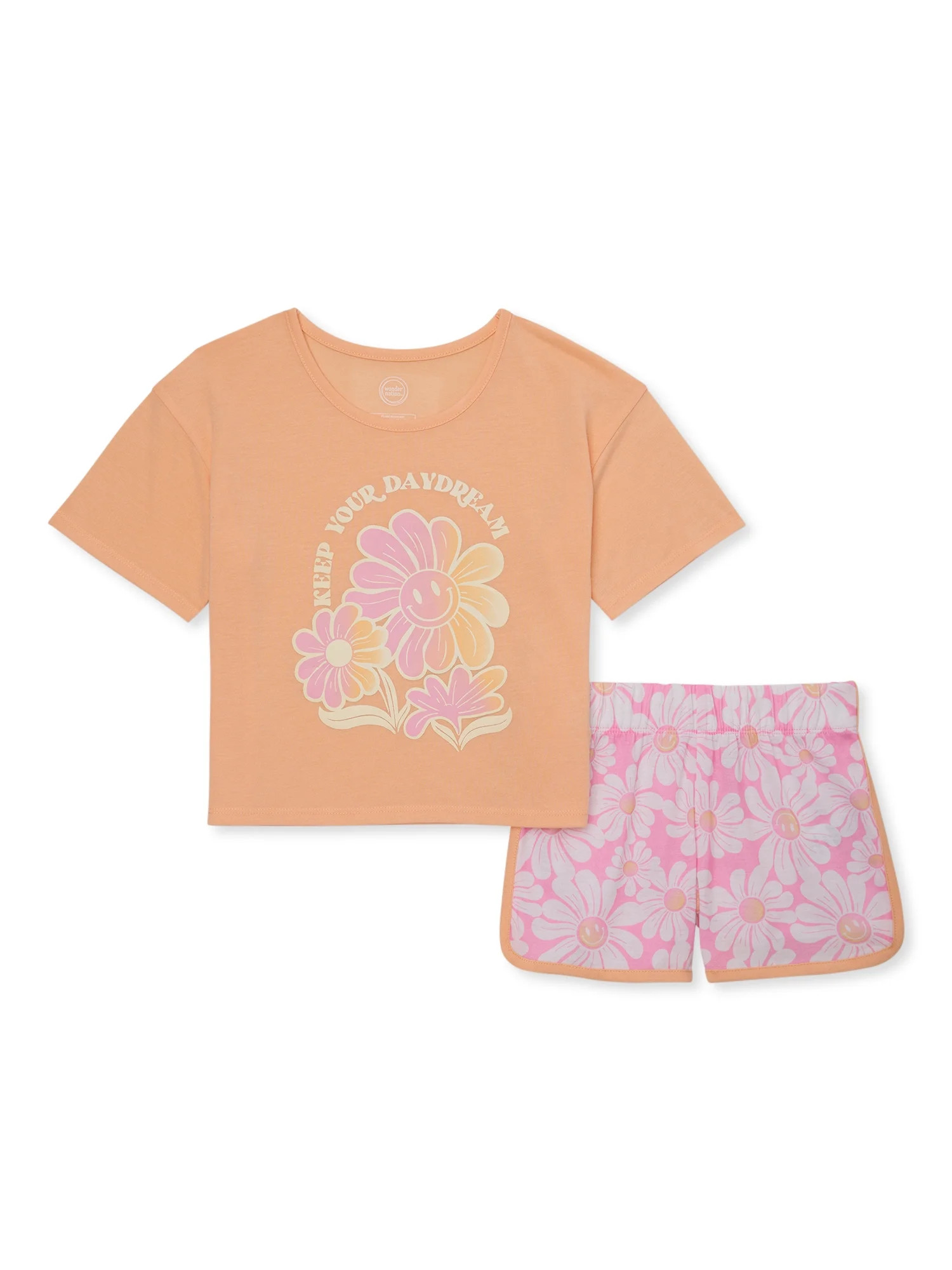 Wonder Nation Girls Short Sleeve Top and Sleep Short Pajama Set, 2-Piece, Sizes 4-18 & Plus | Walmart (US)