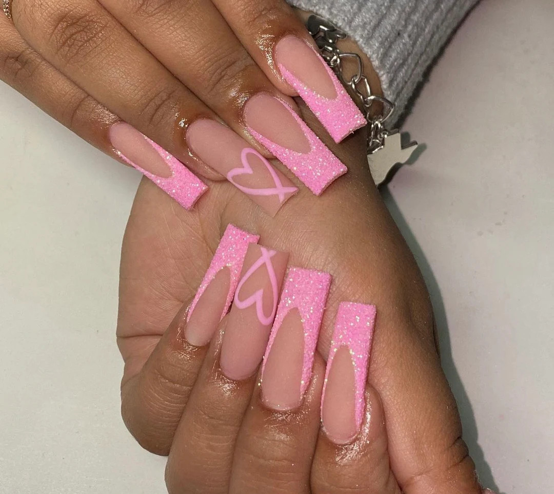 Pink Heart Glitter French Tip Press on Nails Nude Nails Long - Etsy | Etsy (US)
