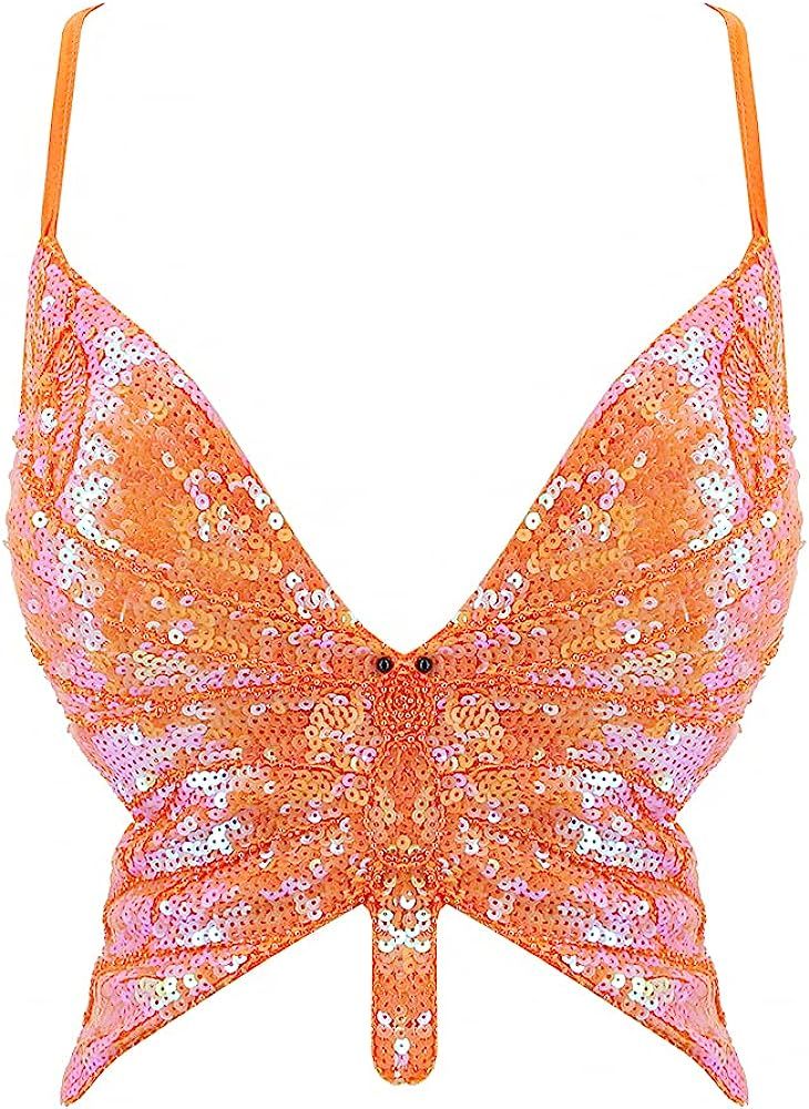 Mocure Womens Glitter Sequin Butterfly Crop Top Low-Cut Tank Top Rave Tube Vest Top for Belly Dance  | Amazon (US)
