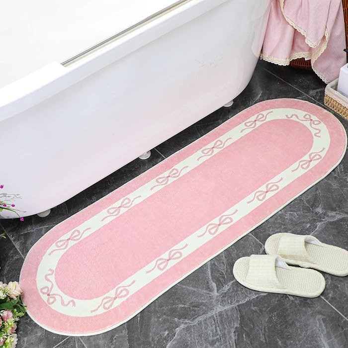 Duraaamo Pink Bow Long Bathroom Rug Cute Bathroom Decor Accessories 49 x 17 Inch Pink and White B... | Amazon (US)