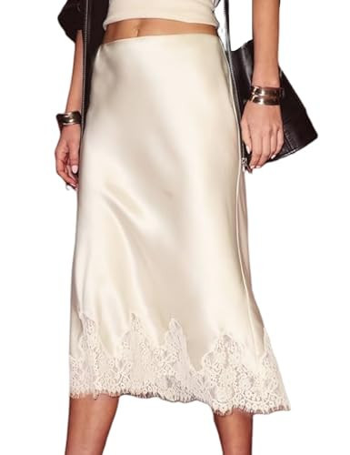 Yimoon Lace Trim Satin Midi Skirt for Women Elegant Elastic Waistband Cocktail Party Flowy A Line... | Amazon (US)