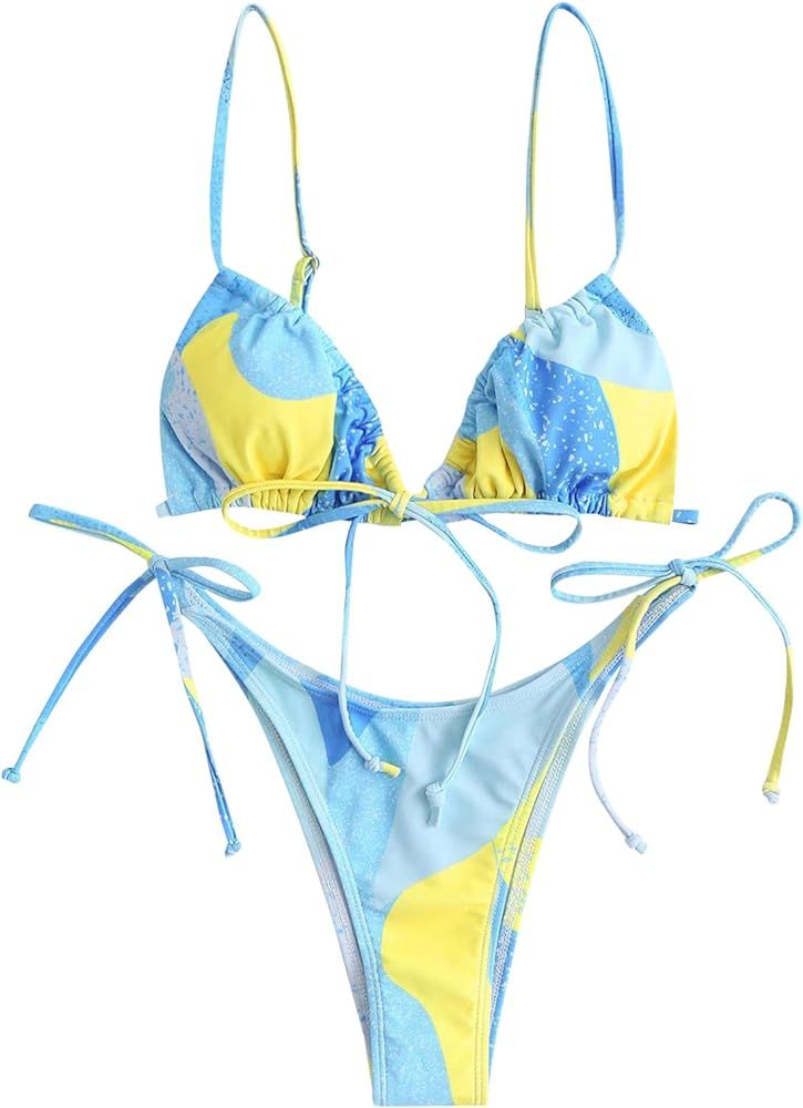 ZAFUL Womens High Cut Thong Bikini Set Swimsuits Cami String Sexy Bathing Suit | Amazon (US)