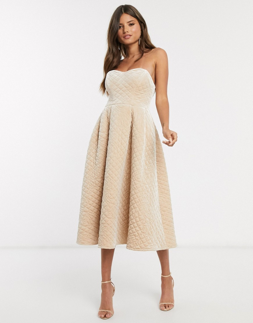 ASOS DESIGN Premium quilted velvet bandeau prom midi dress in champagne-Neutral | ASOS (Global)