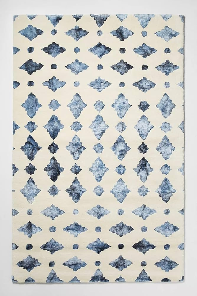 White and Shadded Blue Moroccan Tile Handmade Tufted Area Rug | Durable | 100% Wool | Living Room... | Amazon (US)
