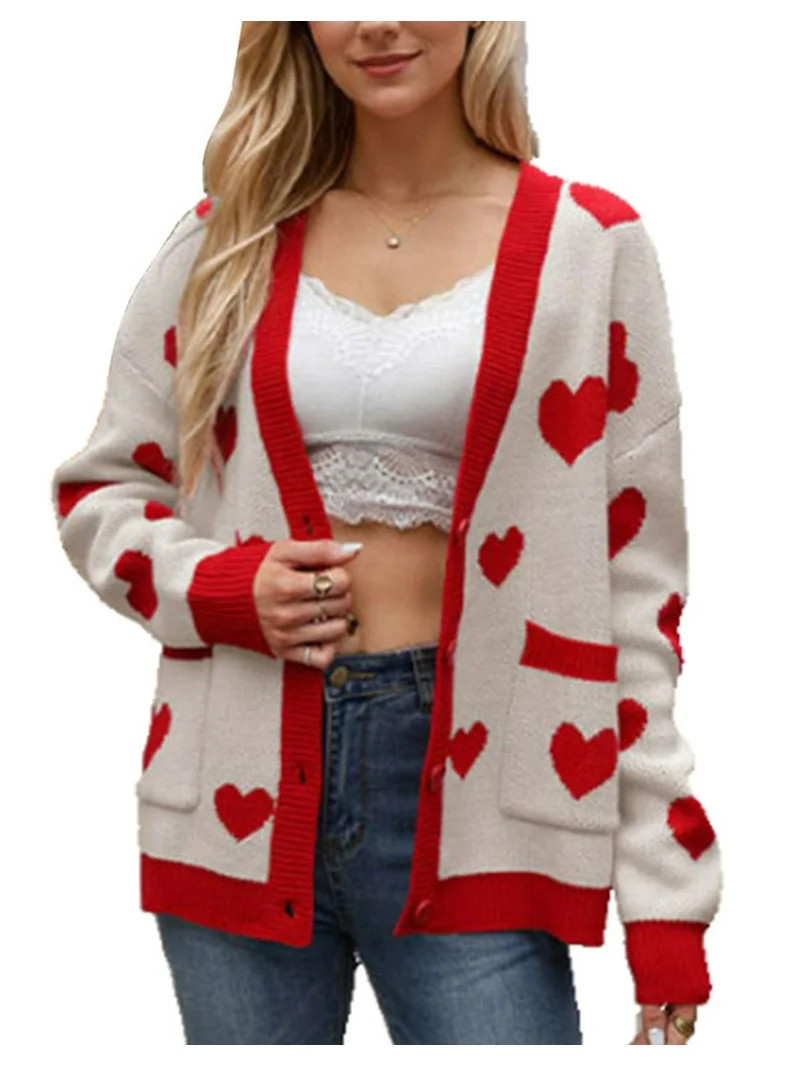 Valentine's Day Cardigans for Women Cute Heart Printed V-Neck Button Down Cardigan Sweaters with ... | Walmart (US)