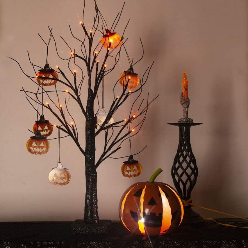 PEIDUO Halloween Decorations, 2FT Black Halloween Tree with 24 Orange Lights and 8 Pumpkin Ornaments | Amazon (US)