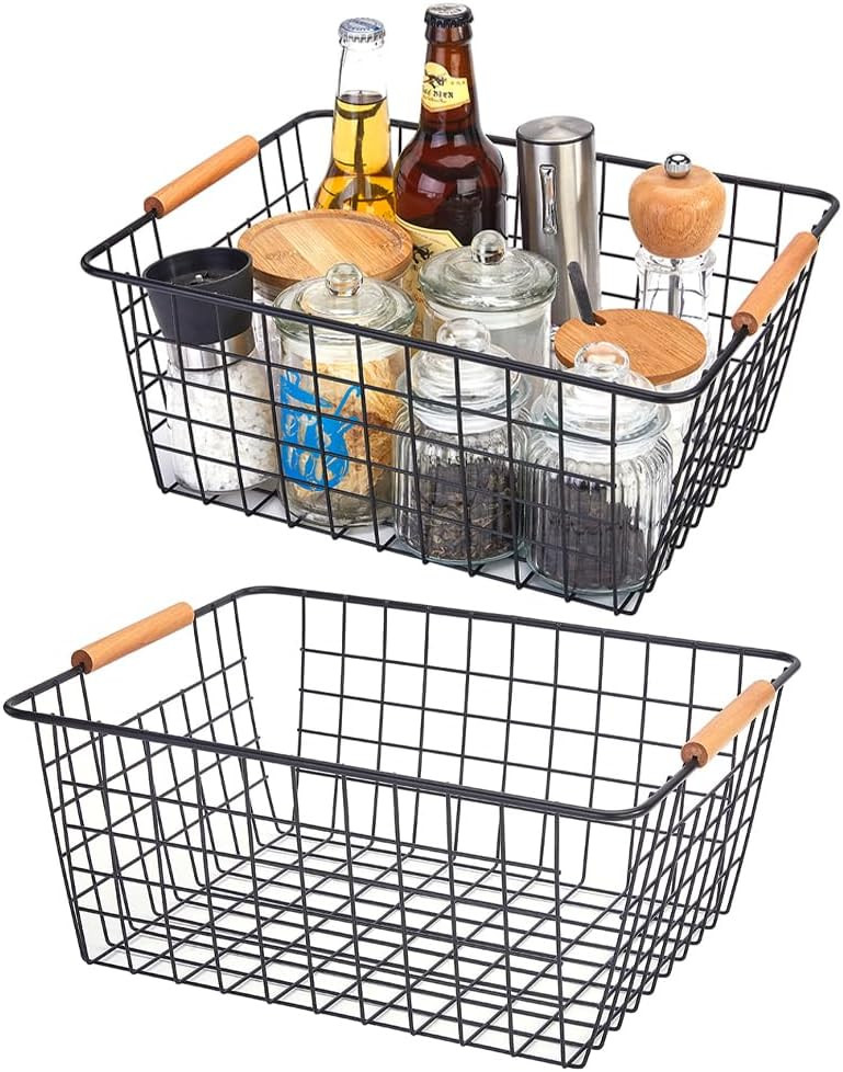 LeleCAT Large black wire basket for Organizing with Wooden Handles,pantry refrigerator organizers and storage,Snack Storage Baskets for Cabinets, Closets, Bedrooms, kitchen -2pack（Black） | Amazon (US)