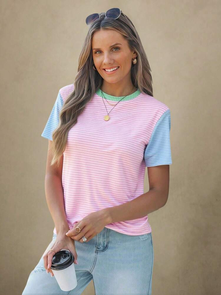 Wildy Casual Simple Contrasting Striped Round Neck Short Sleeve Loose Women T-Shirt | SHEIN