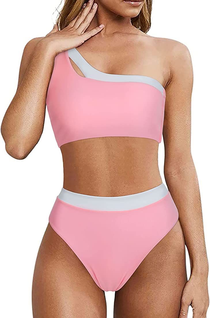MOOSLOVER Women Cutout One Shoulder High Waisted Bikini High Cut Two Piece Swimsuits | Amazon (US)