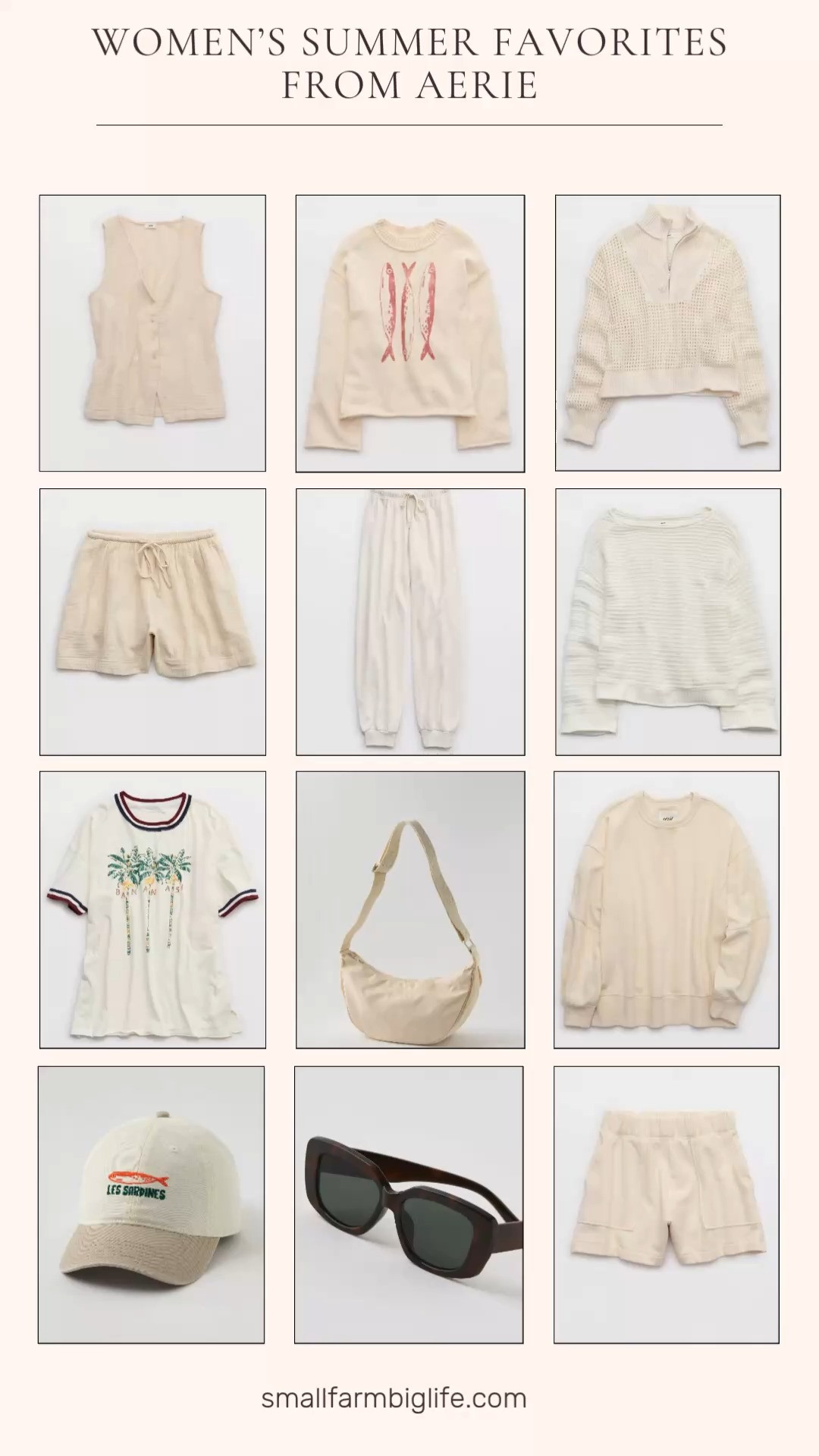 Sharing some of my favorite summer picks from Aerie right now and I am loving all the soft neutral tones this season! From oversized graphic tees and cozy fleece sets to a crochet quarter zip, terry joggers, a sporty crescent bag, and the cutest tortoiseshell sunglasses, these are the effortless and comfortable pieces that make getting dressed for summer so easy. So many beautiful finds that mix and match perfectly together. Linking everything below! 

 #LTKootd #LTKOver40 #LTKTravel